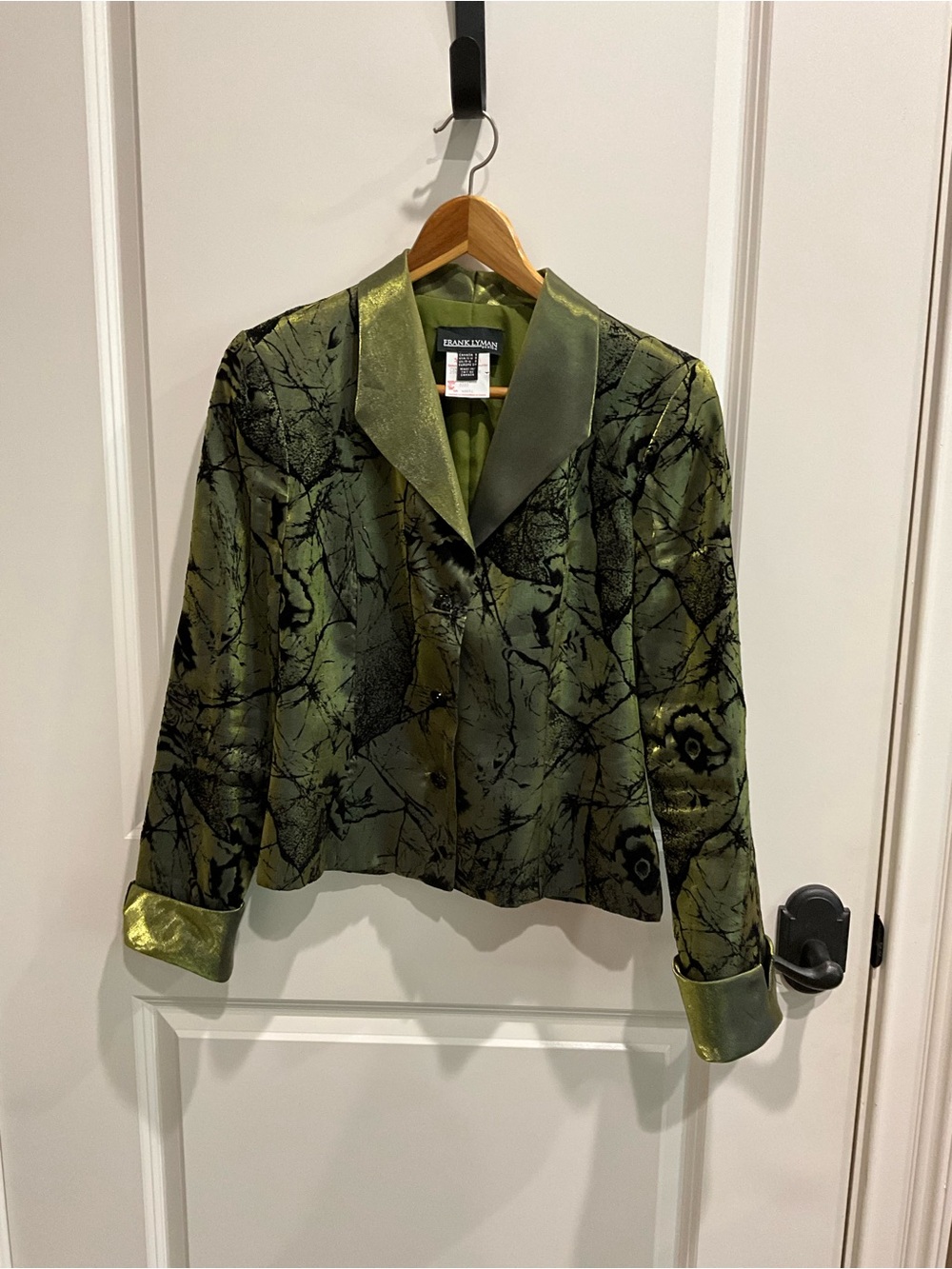 Frank Lyman Design Olive Green and Black Patterned Satin Blazer